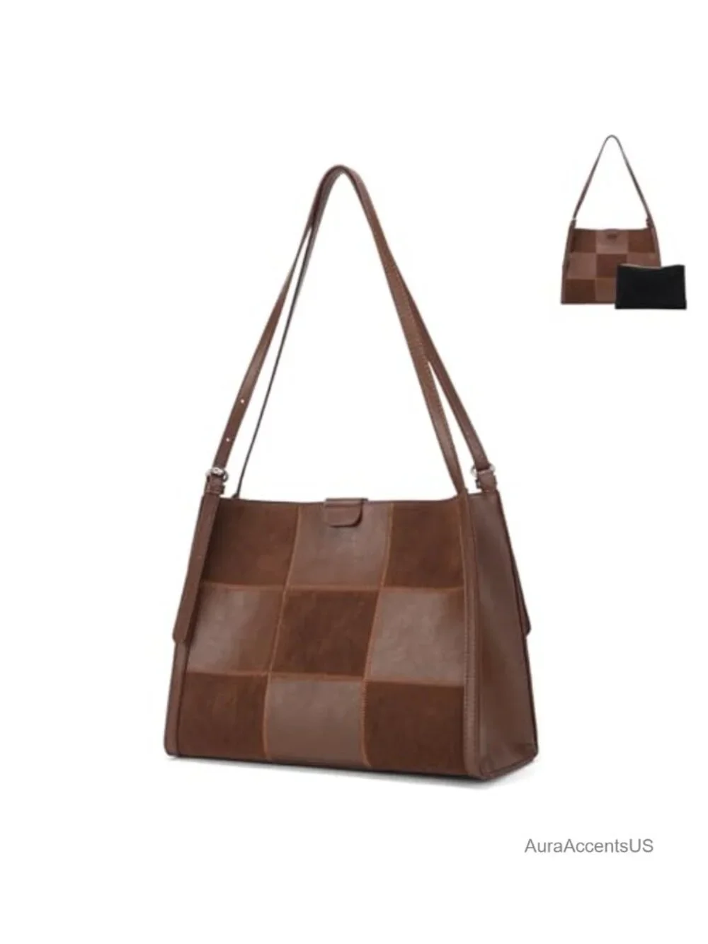 Vegan Leather Colorblock Hobo Shoulder Bag with Inner Pouch and Adjustable Strap
